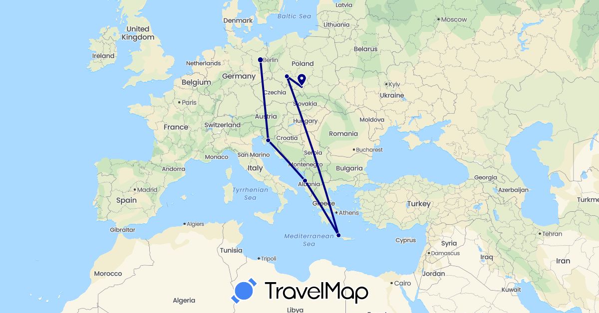 TravelMap itinerary: driving in Albania, Germany, Greece, Croatia, Poland (Europe)